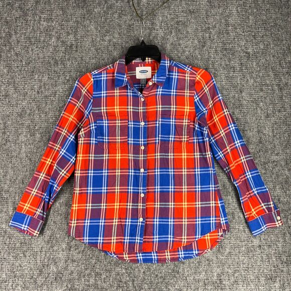 Old Navy Shirt Women Small Red Blue Classic Flannel Plaid Button-Up Chore Barn - Picture 1 of 11